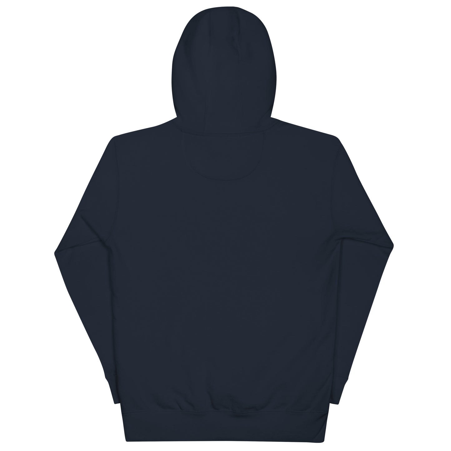 Flat lay of navy hoodie with 3-panel hood and subtle Kraken branding