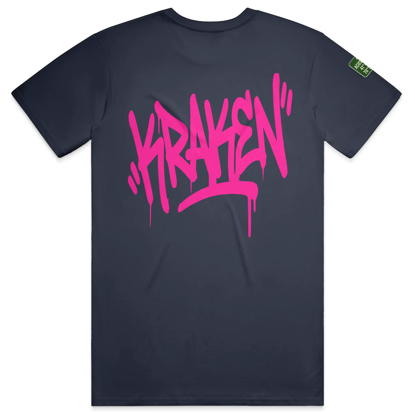 Navy Kraken Golf Origin tee with oversized pink graffiti Kraken tag printed across the back