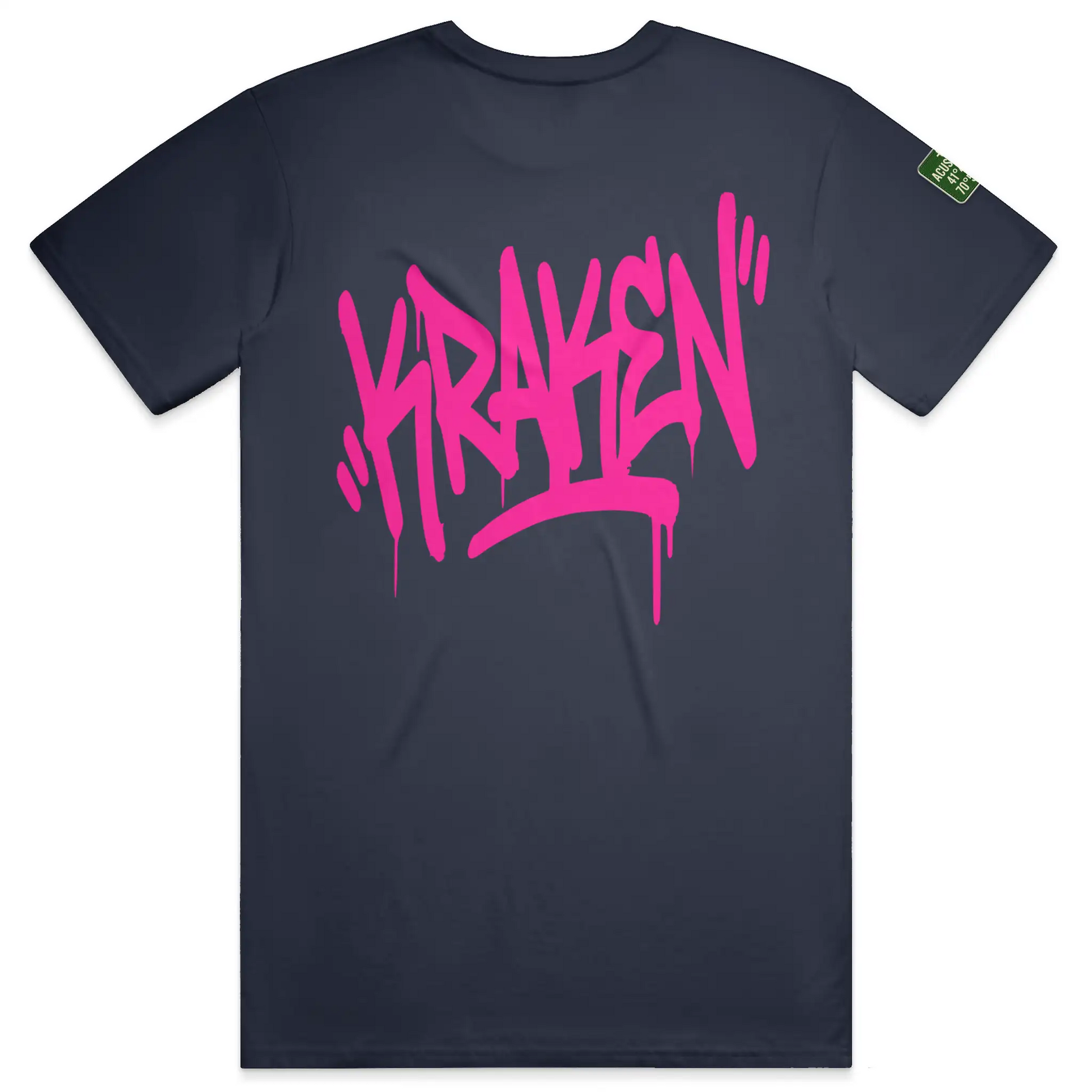 Navy Kraken Golf Origin tee with oversized pink graffiti Kraken tag printed across the back