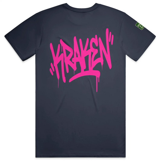 Navy Kraken Golf Origin tee with oversized pink graffiti Kraken tag printed across the back