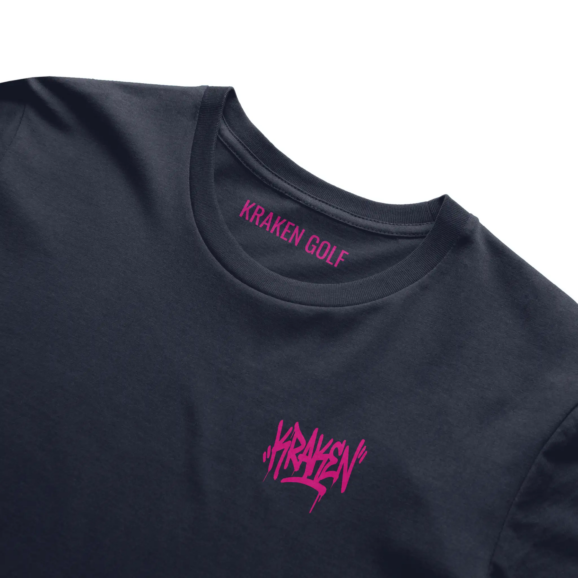 Kraken-pink interior neck print inside the navy Origin tee from Kraken Golf