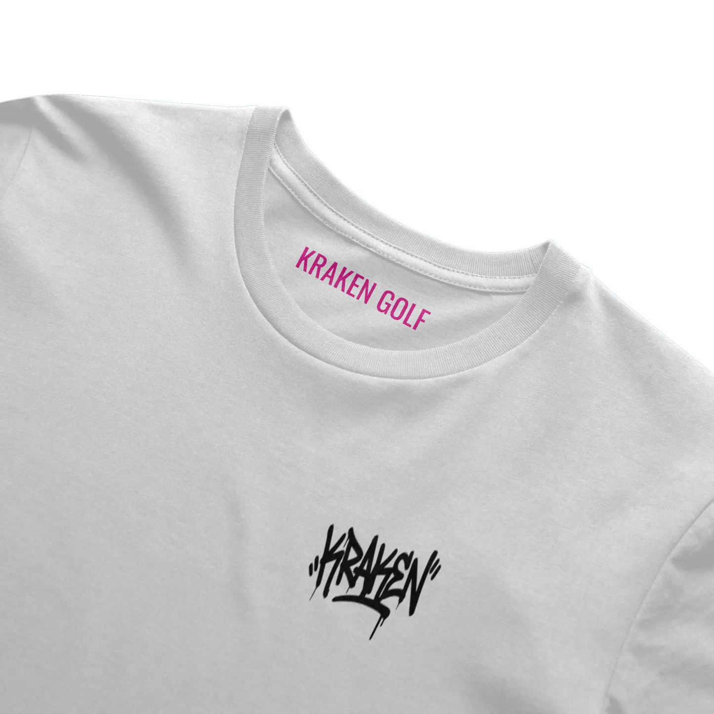 Kraken-pink interior neck print inside the white Origin tee from Kraken Golf