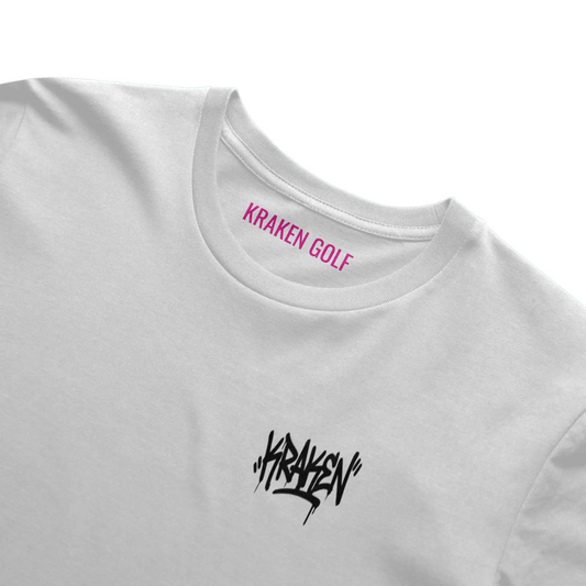 Kraken-pink interior neck print inside the white Origin tee from Kraken Golf