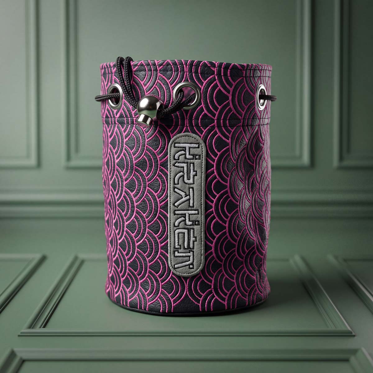 Navy golf valuables pouch with hot pink embroidered Japanese wave pattern and vertical silver KRAKEN badge