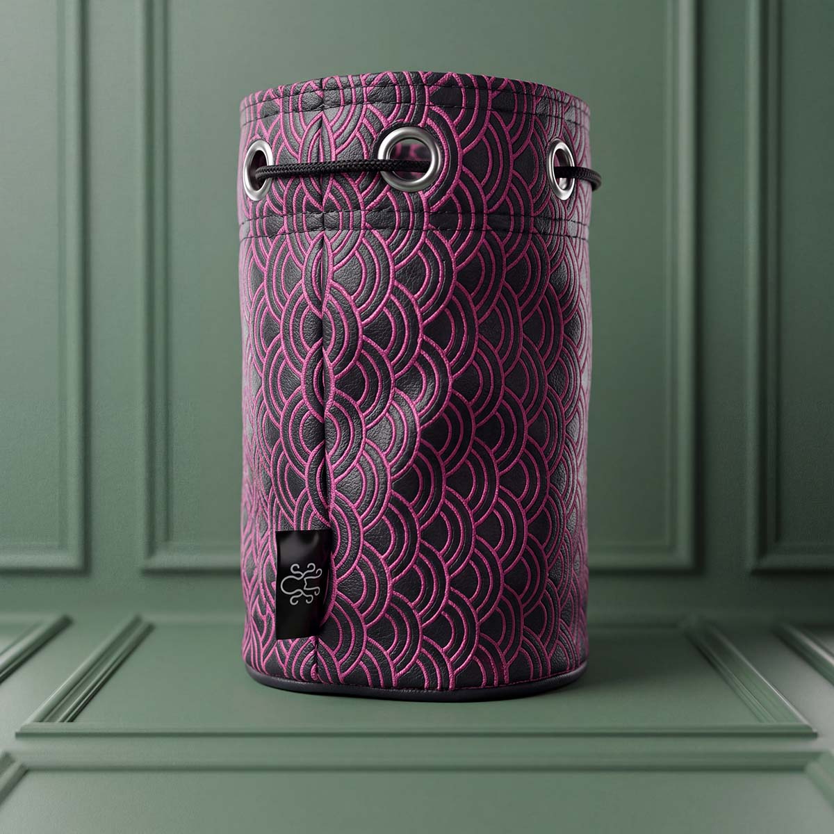 NAVY and pink Seigaiha golf valuables bag with black drawstring, silver grommets, and Kraken side tag, Kraken Golf