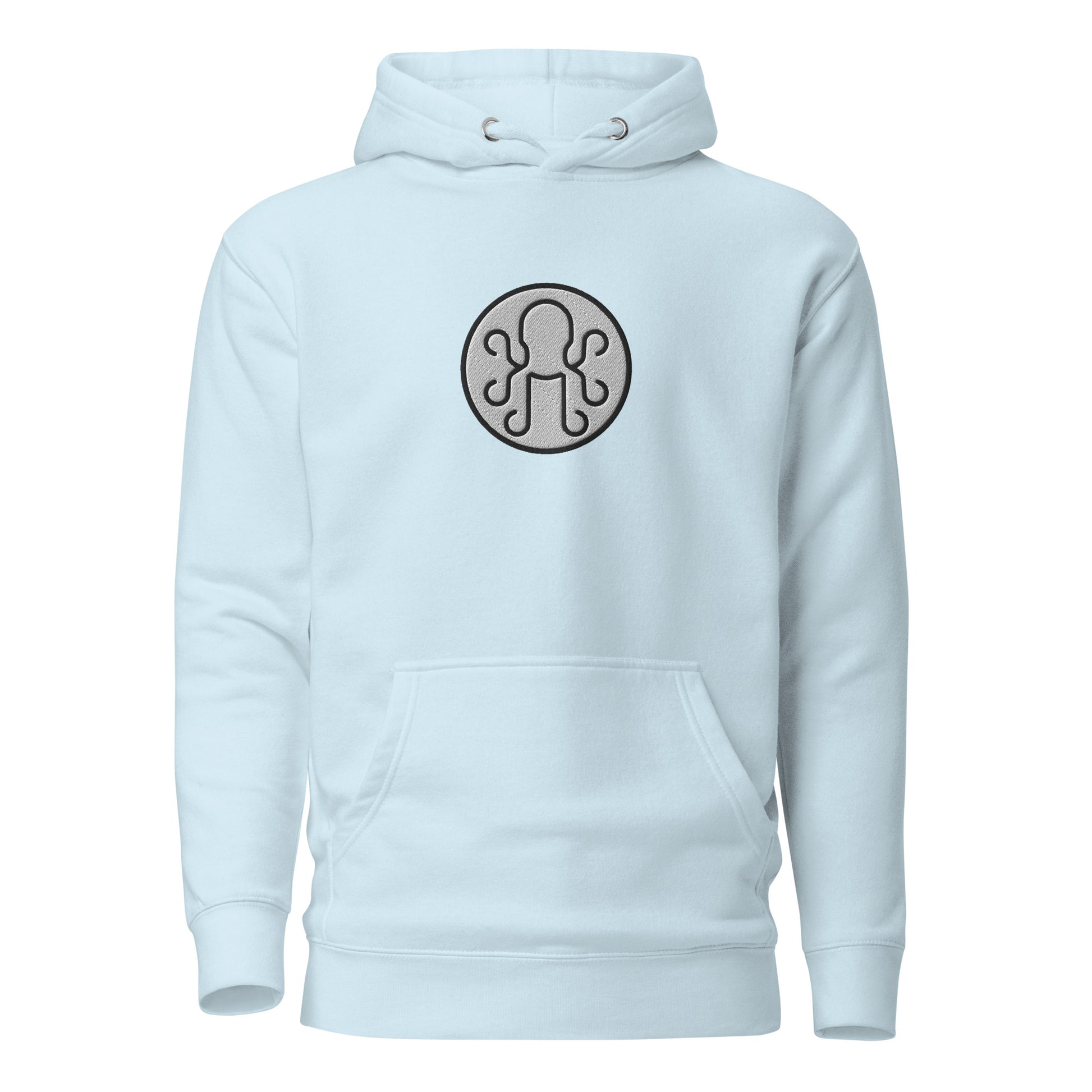 Sky blue Kraken Golf hoodie with bold white and black embroidered logo on the chest