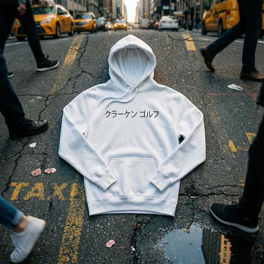 Kraken Japense script hoodie with japanese text on a city street with taxis in the background