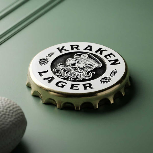 Kraken Lager bottle cap on a green background