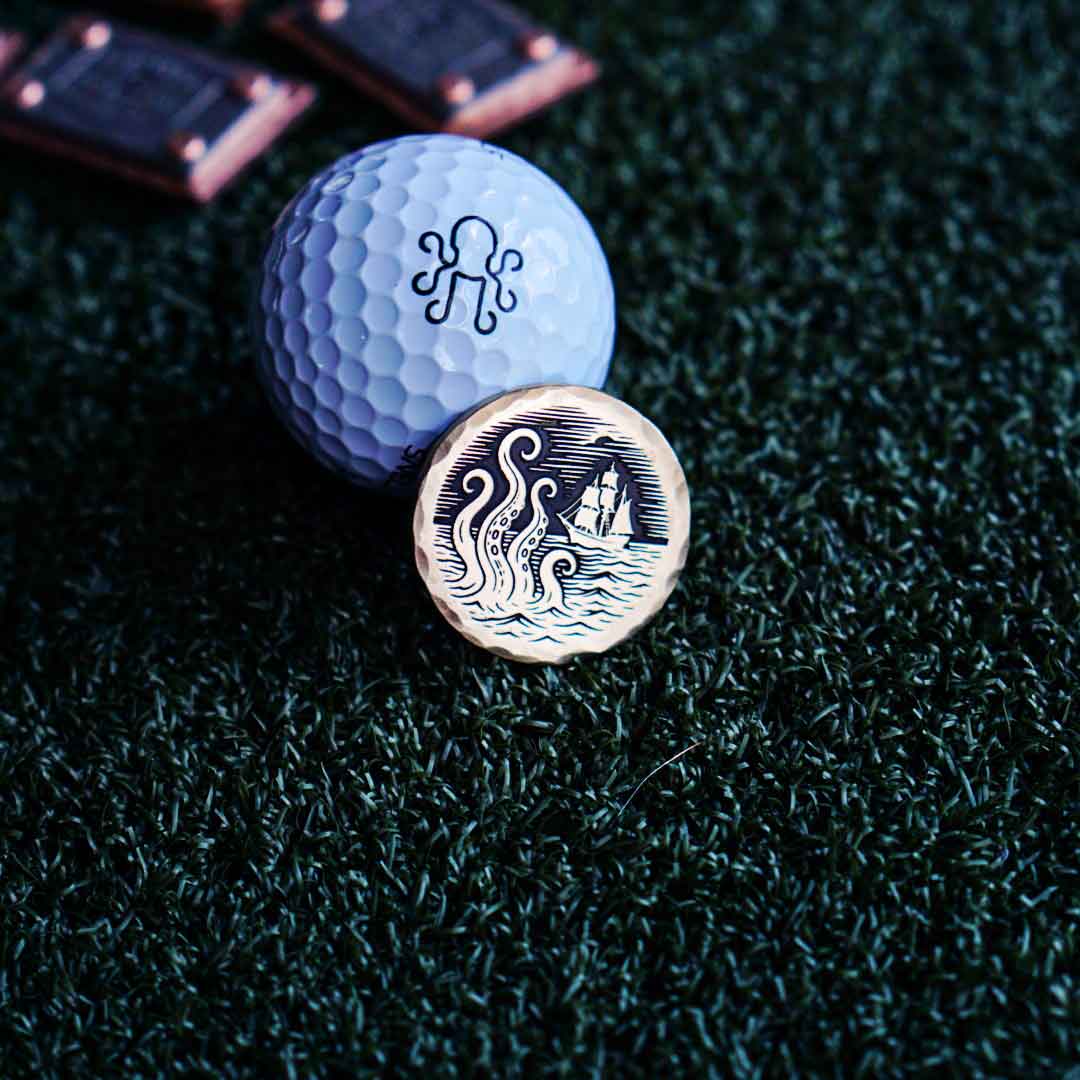 The Awakening - Brass Kraken Golf Ball Marker with Tentacles and Ship