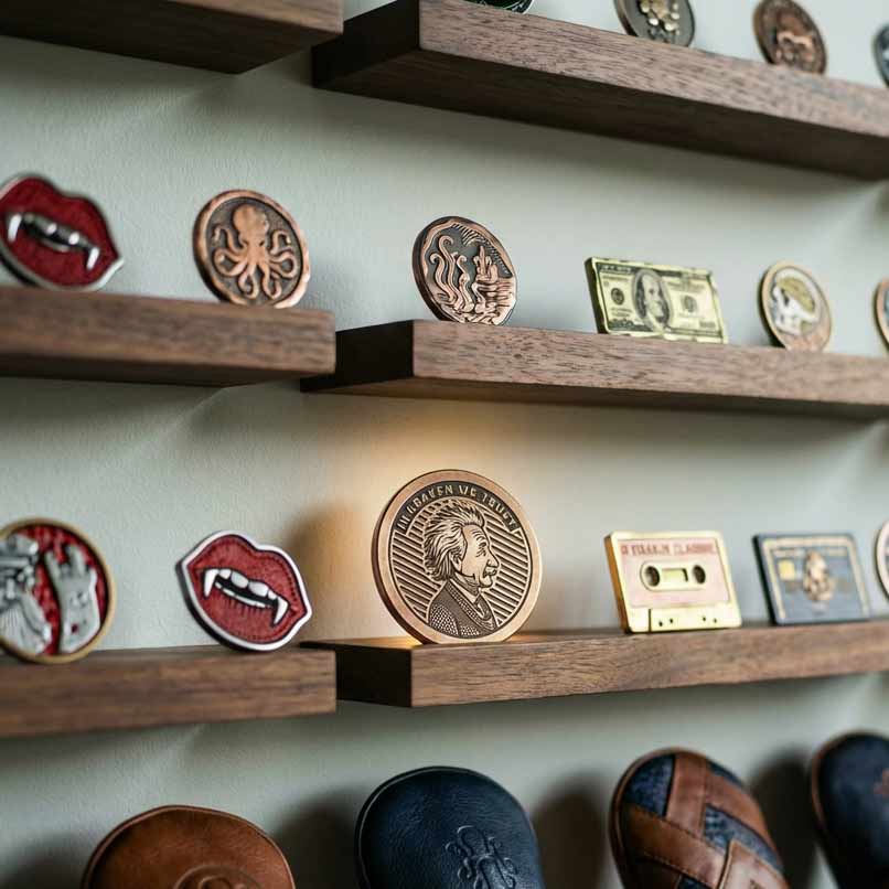 Wooden shelves with various Kraken Golf ball markers