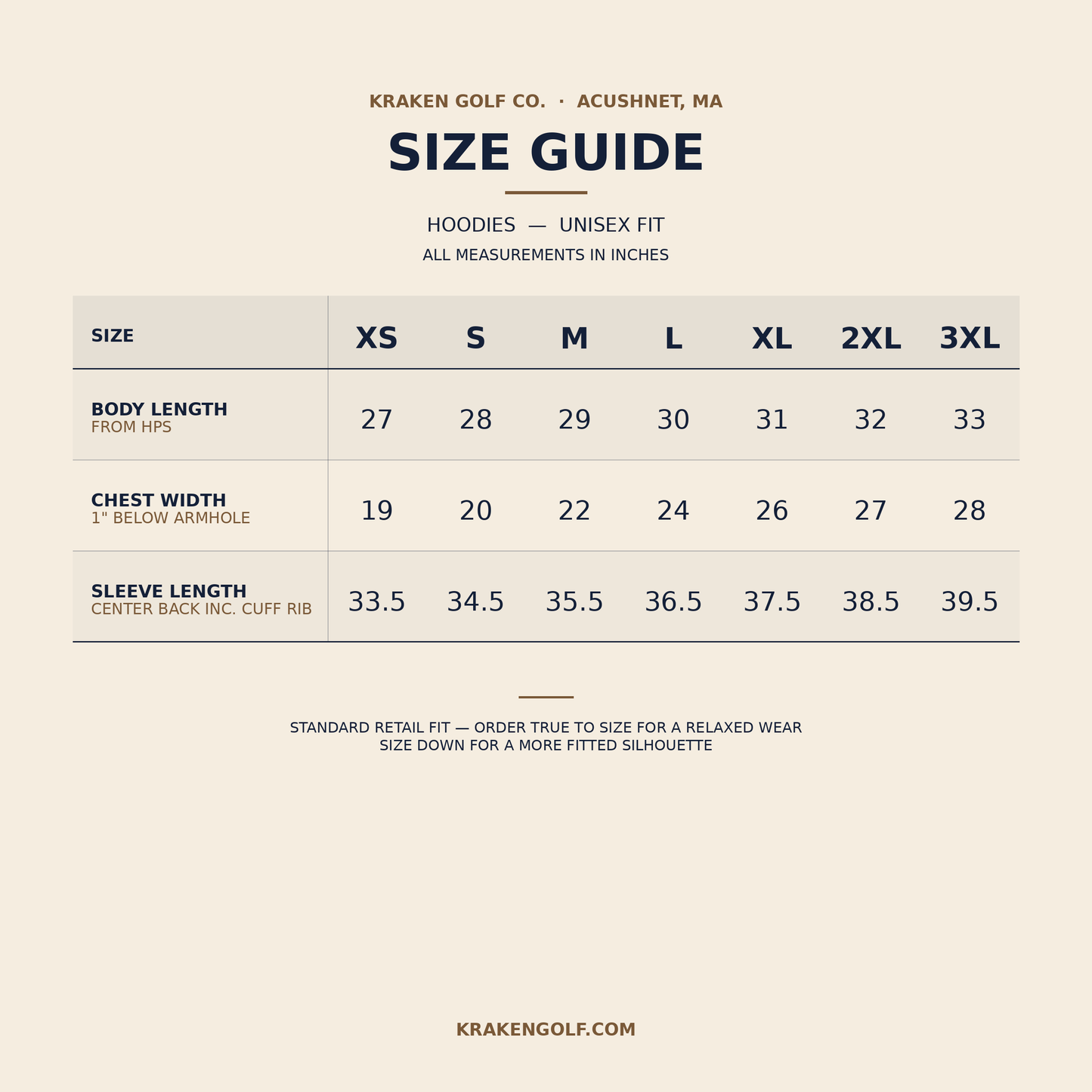 Size guide for hoodies by Kraken Golf Co. on a beige background