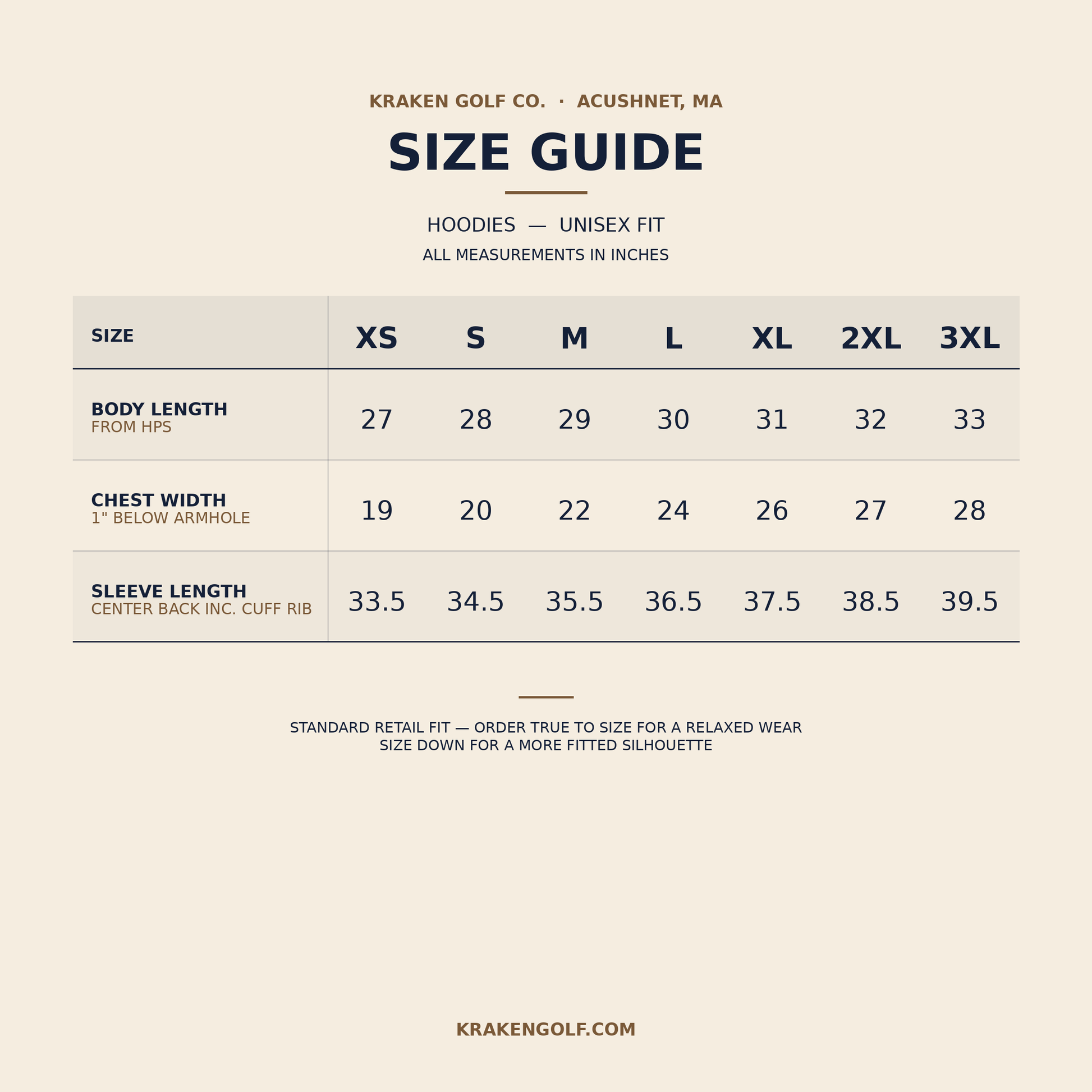Size guide for hoodies by Kraken Golf Co. on a beige background