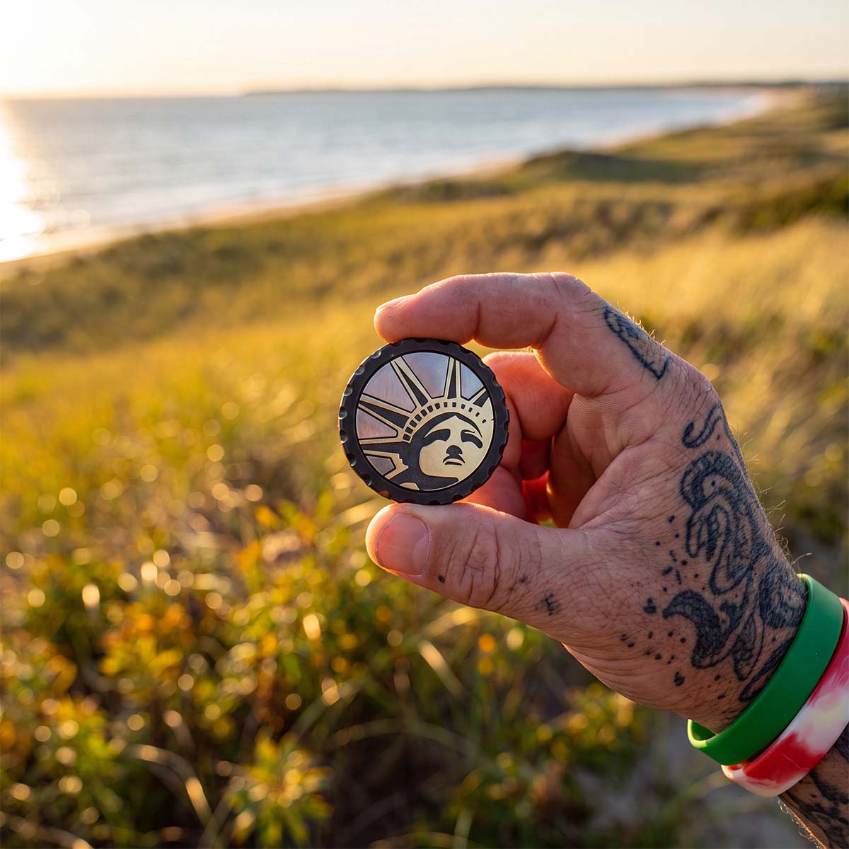 Kraken Golf LIBERTY ball marker — brass Statue of Liberty relief on black oxide stainless steel with polished stainless inlays on the beach