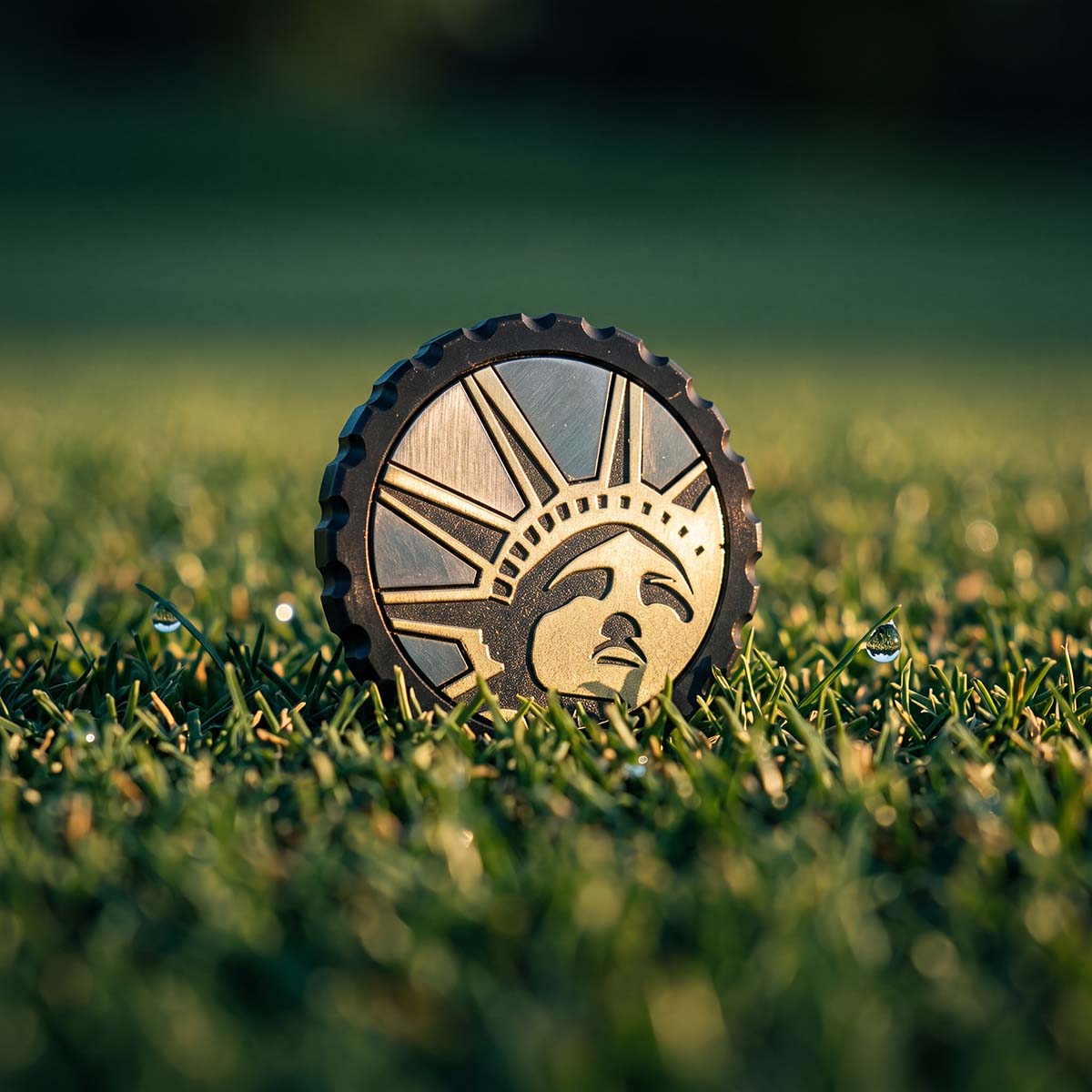 Kraken Golf LIBERTY ball marker — brass Statue of Liberty relief on black oxide stainless steel with polished stainless inlays on the course