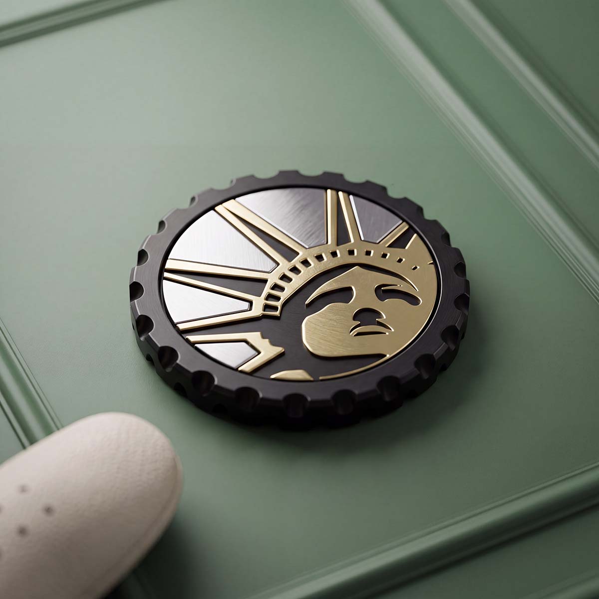 Kraken Golf LIBERTY ball marker — brass Statue of Liberty relief on black oxide stainless steel with polished stainless inlays