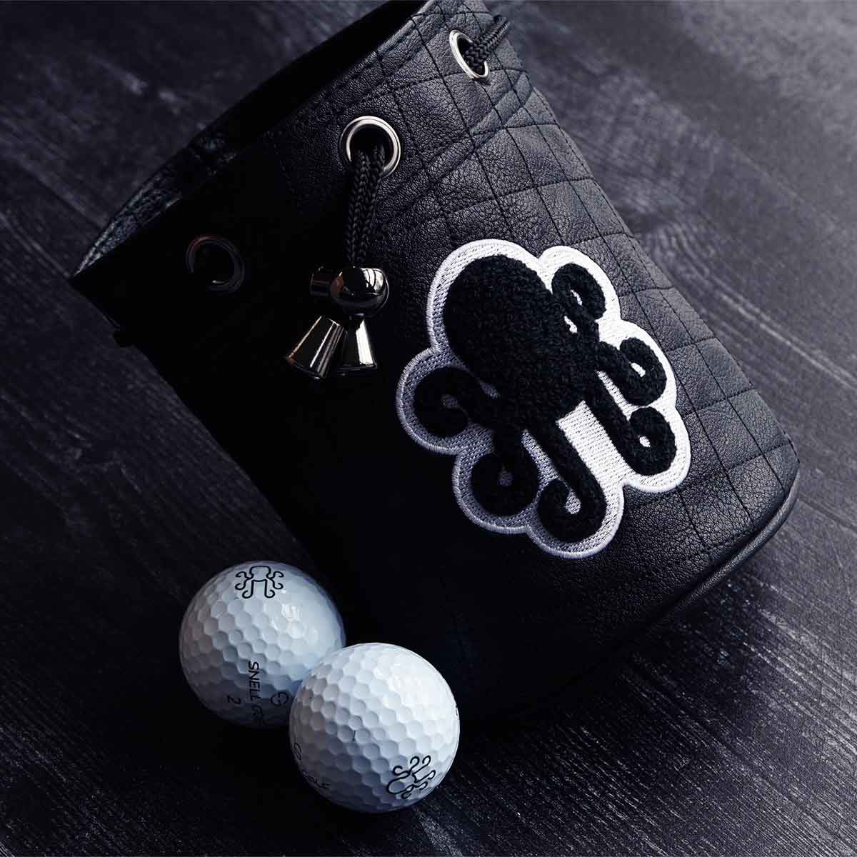 Black quilted valuables bag with chenille Kraken logo and white embroidery - Midnight Collection by Kraken Golf