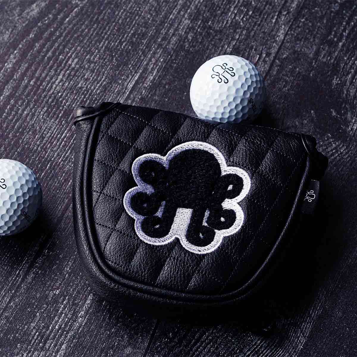 Black quilted mallet putter cover with chenille Kraken logo and white embroidery - Midnight Collection by Kraken Golf