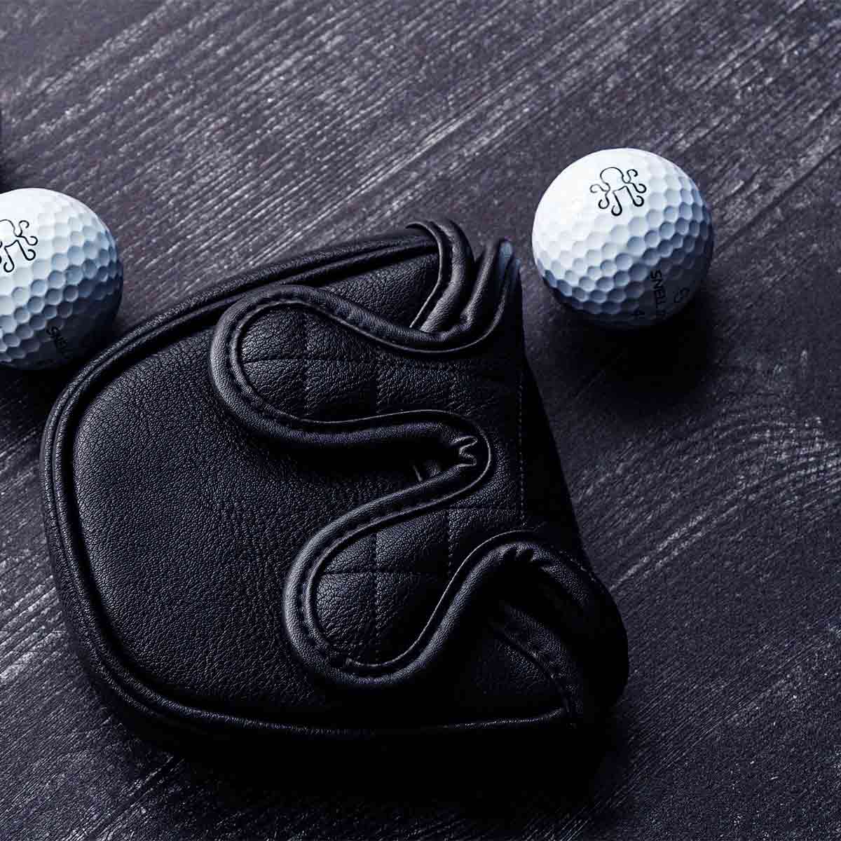 Reverse side of Midnight Mallet Putter Cover - quilted black leather with Kraken Golf branding 