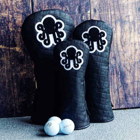 Black quilted driver headcover with chenille Kraken logo and white embroidery - Kraken Golf Midnight Collection