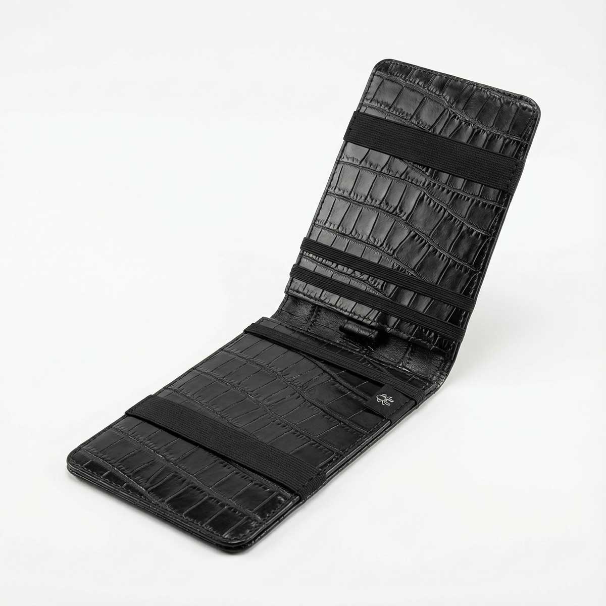 Midnight Yardage Book open showing bottom-flip design and elastic retention