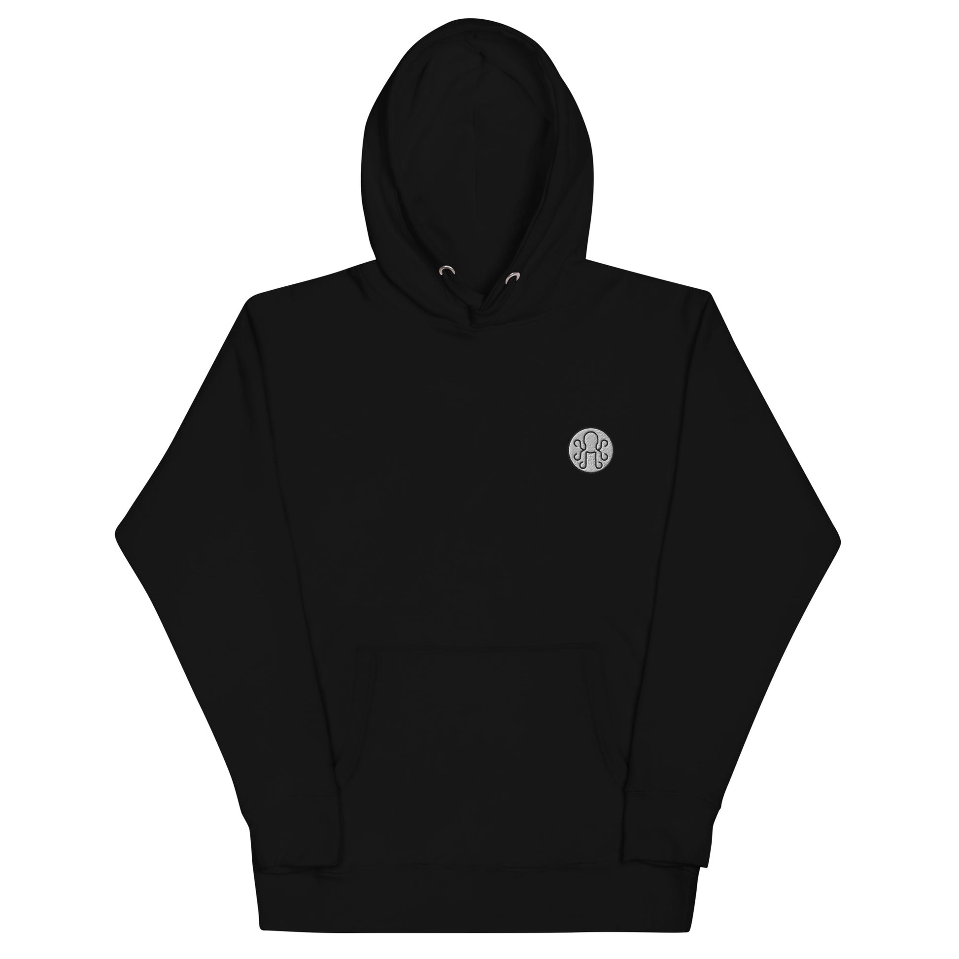 Minimalist black hoodie with small Kraken logo on left chest