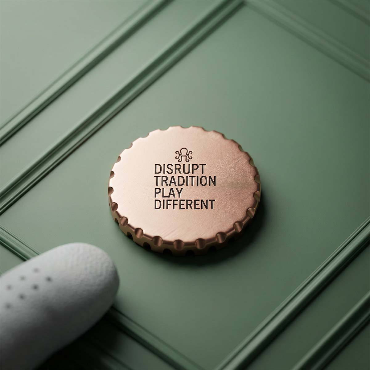 Kraken Golf copper marker with DISRUPT TRADITION PLAY DIFFERENT on back