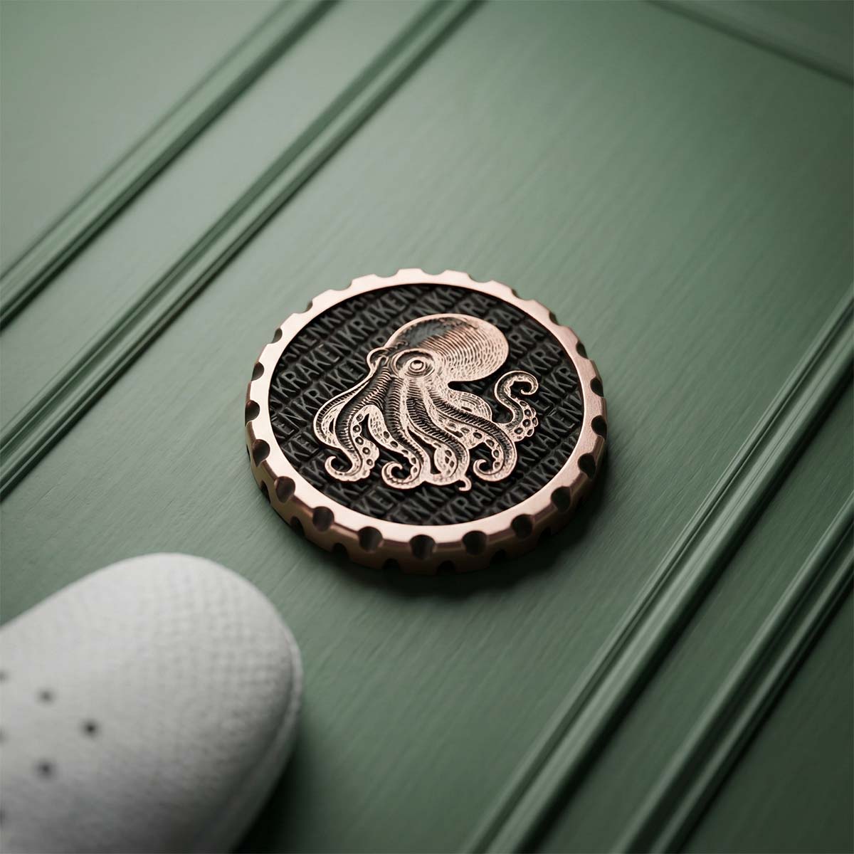 Kraken Golf copper ball marker featuring raised octopus engraving and EDC grip edge