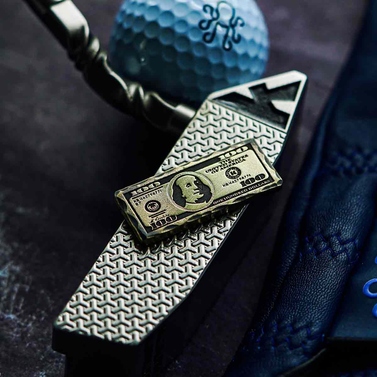 luxury golf marker shaped like a $100 bill handmade by Kraken Golf