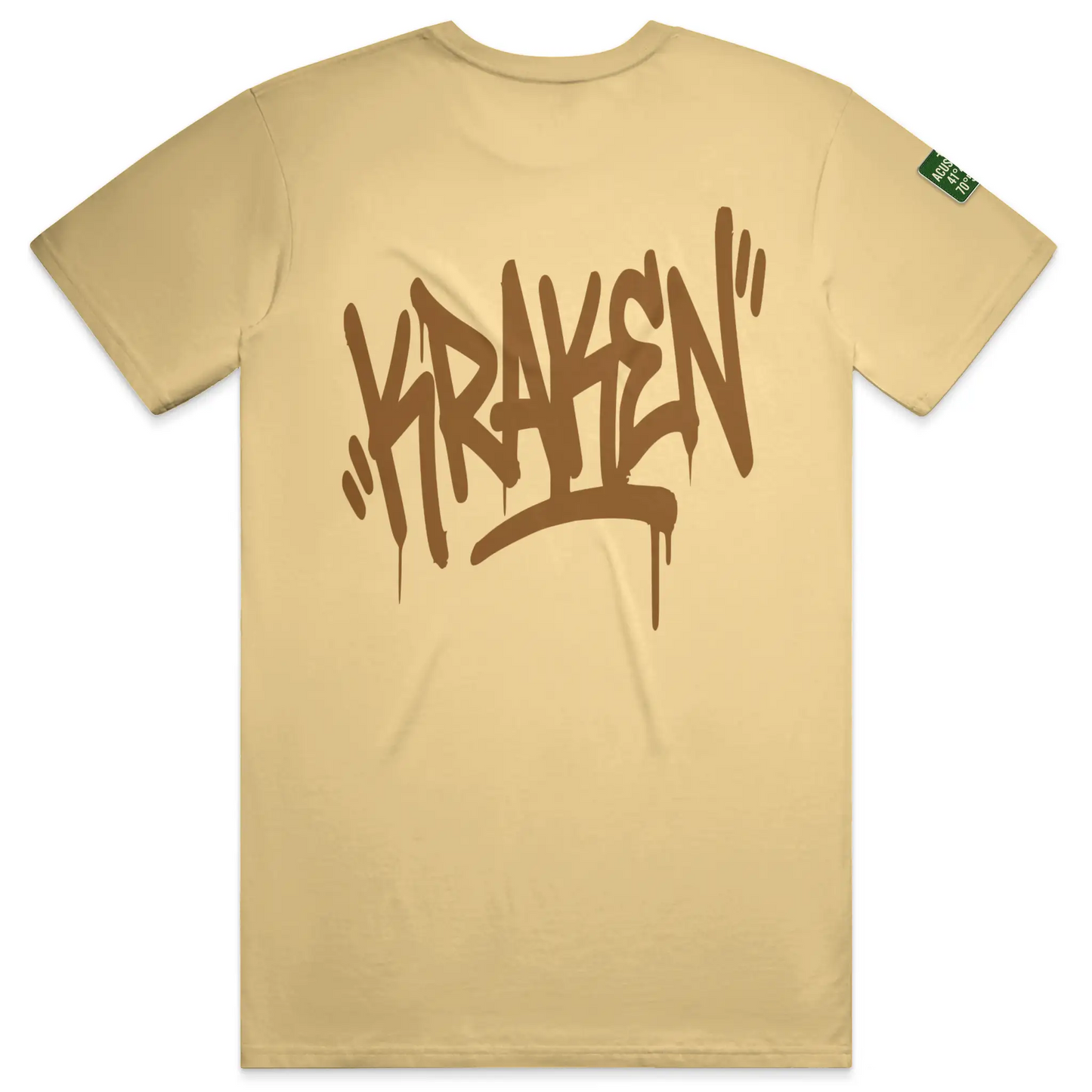 Butter Kraken Golf Origin tee with oversized brown graffiti Kraken tag printed across the back