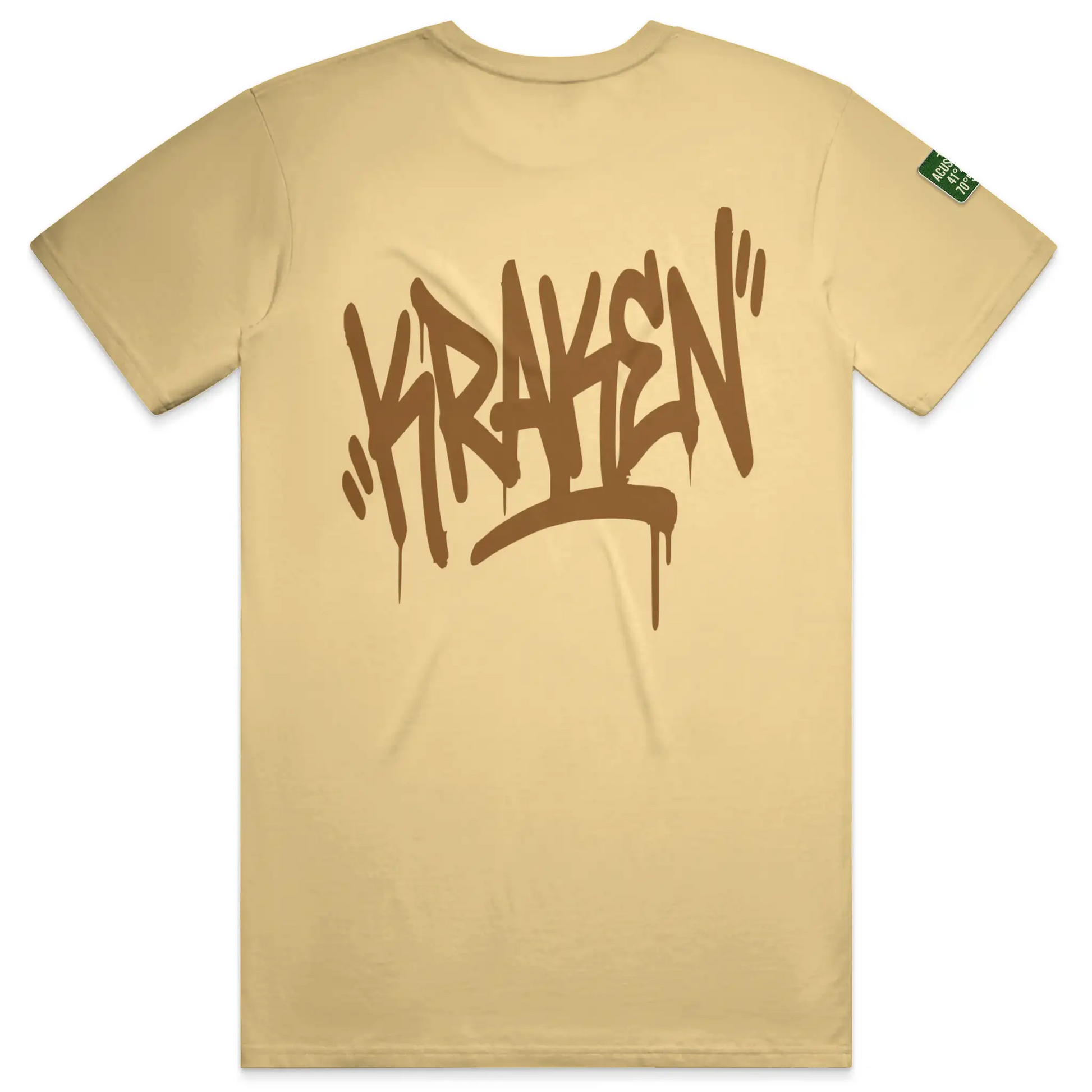 Butter Kraken Golf Origin tee with oversized brown graffiti Kraken tag printed across the back