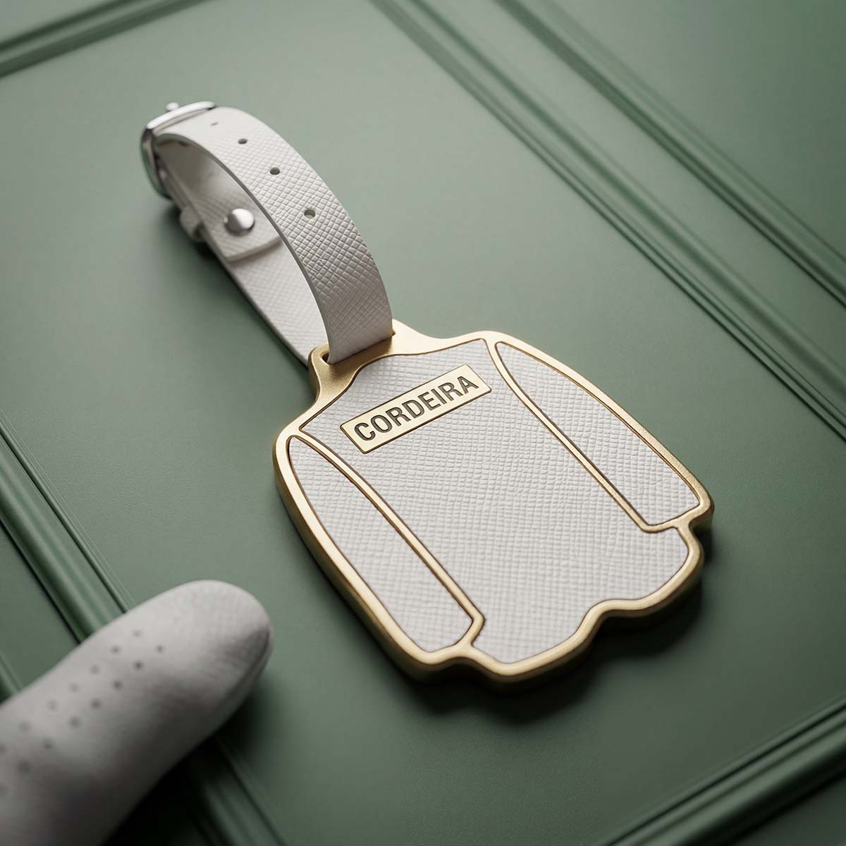 Copper Patron Pass Bag Tag with green and white Saffiano luxury calfskin leather inlays