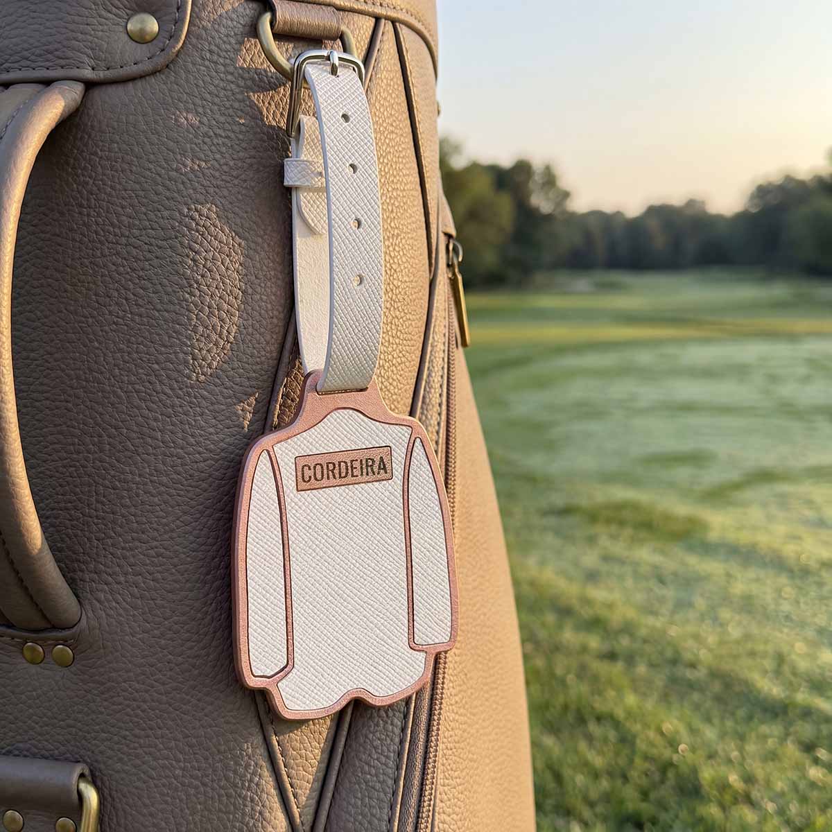 Patron Pass Bag Tag attached to a golf bag showing copper construction and custom leather details