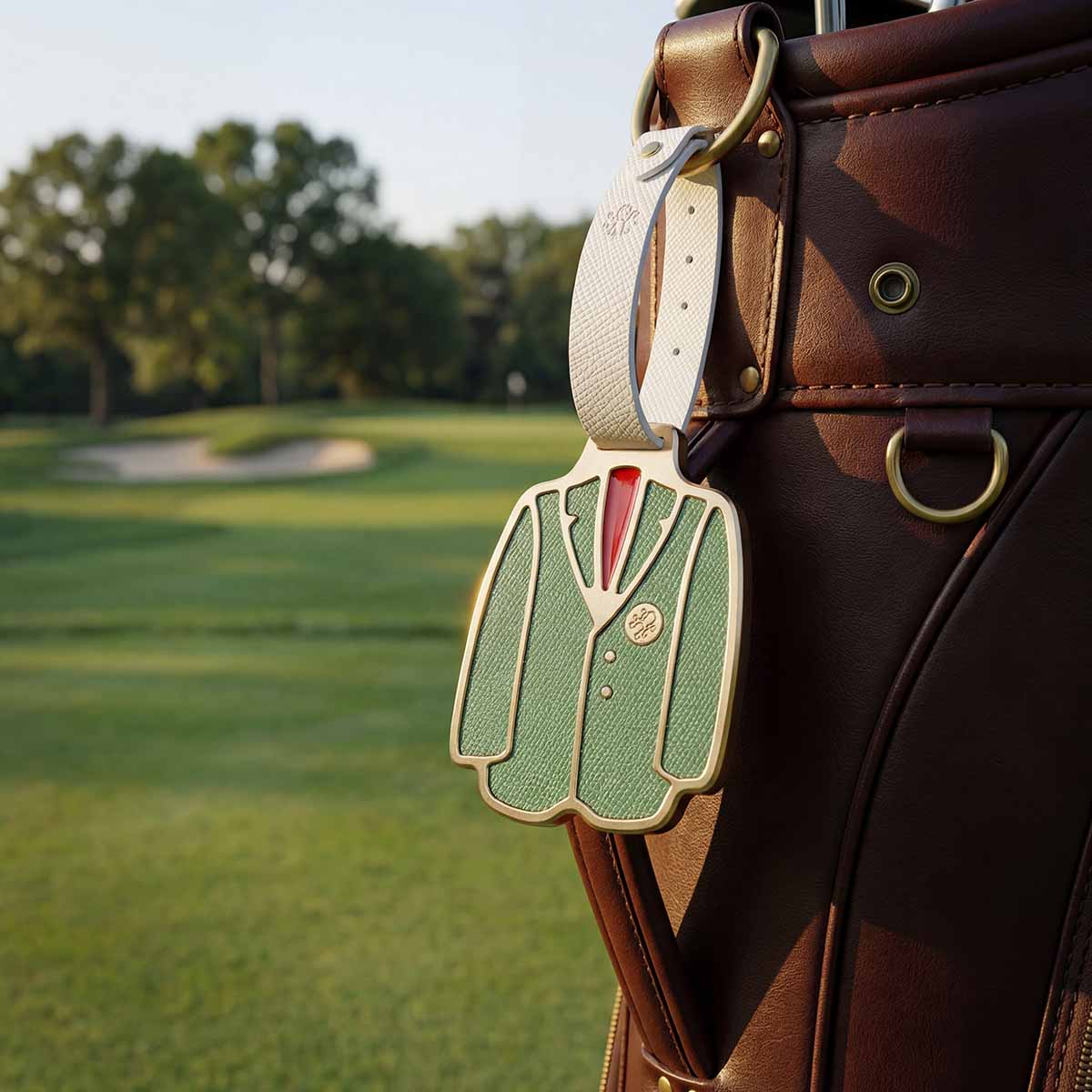 Patron Pass Bag Tag attached to a golf bag showing brass construction and custom leather details