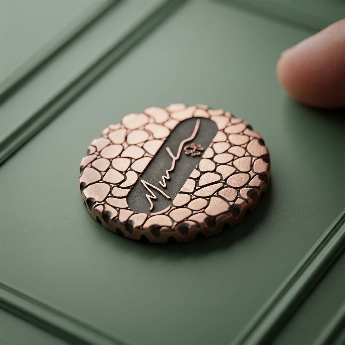 Blacklist 020 copper ball marker with signature engraving over full pebble texture back