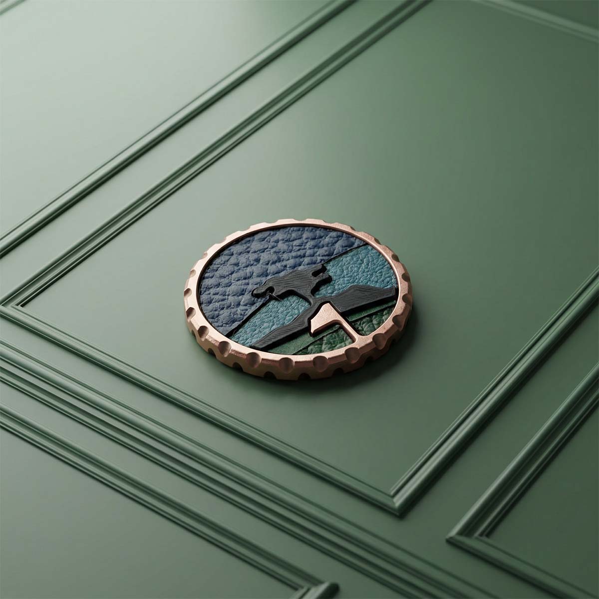 Blacklist 020 Pebble Marker copper ball marker with seven leather inlays and black tree inlay