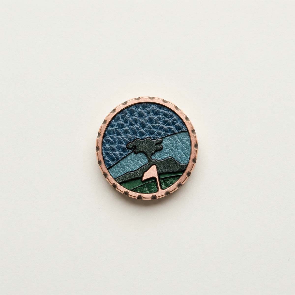 Premium copper golf ball marker 1.35 inch diameter with EDC grip edge and leather inlays