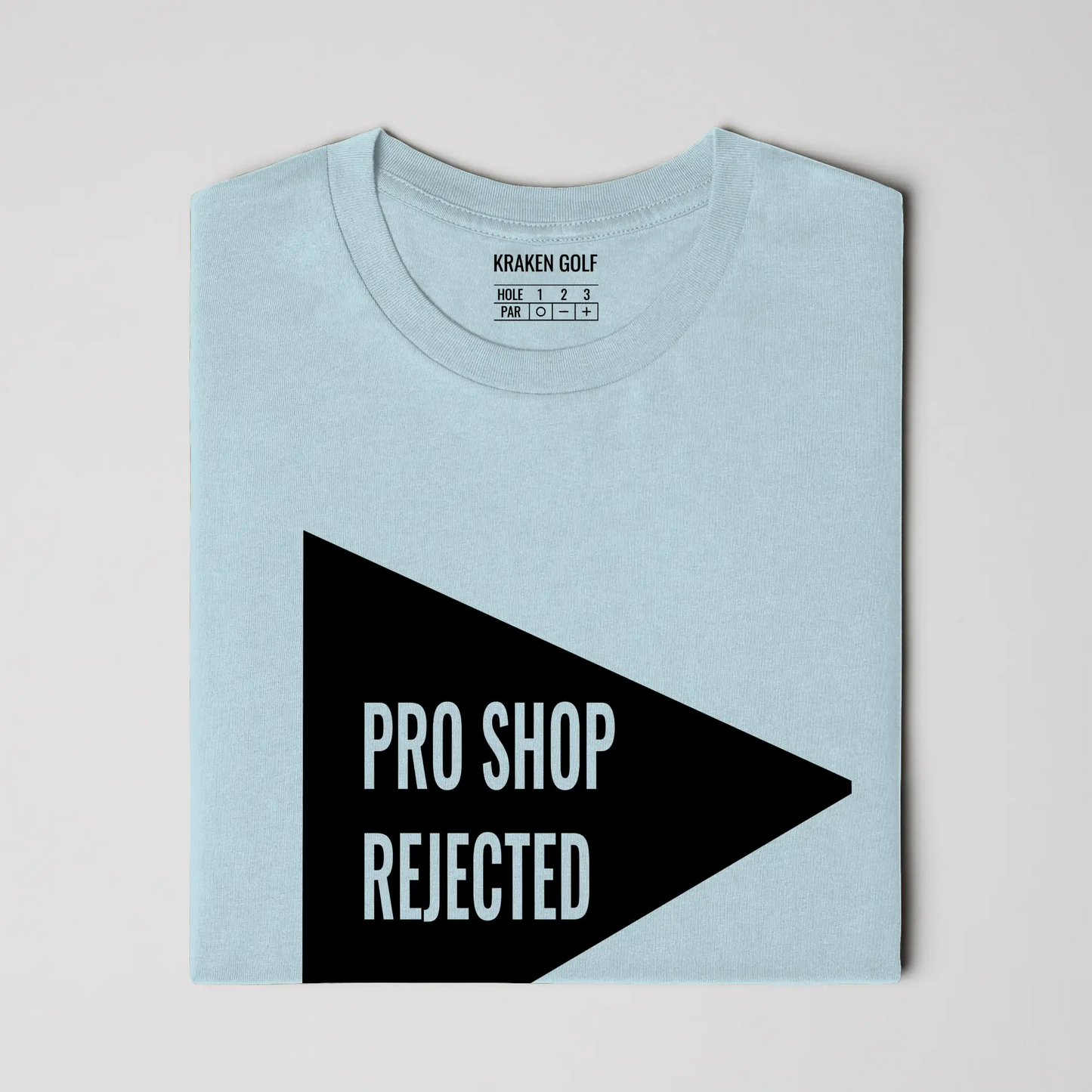 Pro Shop Rejected golf t-shirt folded for shipping — heavyweight Harbor blue premium tee handmade by Kraken Golf in Acushnet, MA