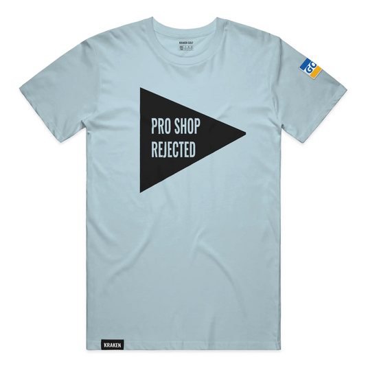 Pro Shop Rejected Tee front view in Harbor — premium golf t-shirt with bold black flag graphic and visa-style golf credential sleeve patch by Kraken Golf Co.