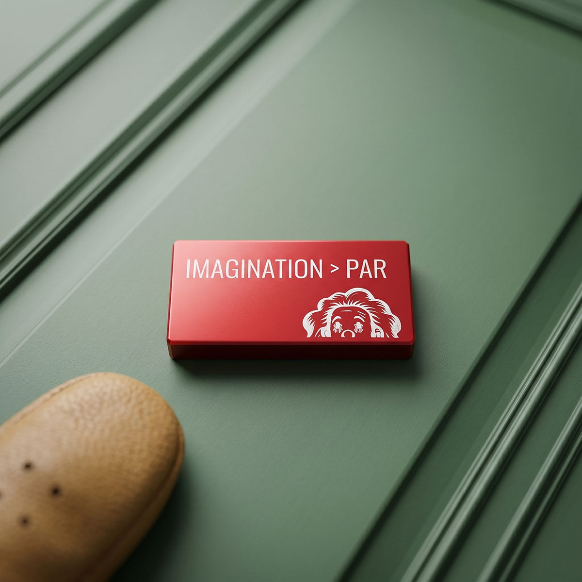 Back of Red Brix ball marker with white laser-marked IMAGINATION > PAR inscription and Kraken logo character