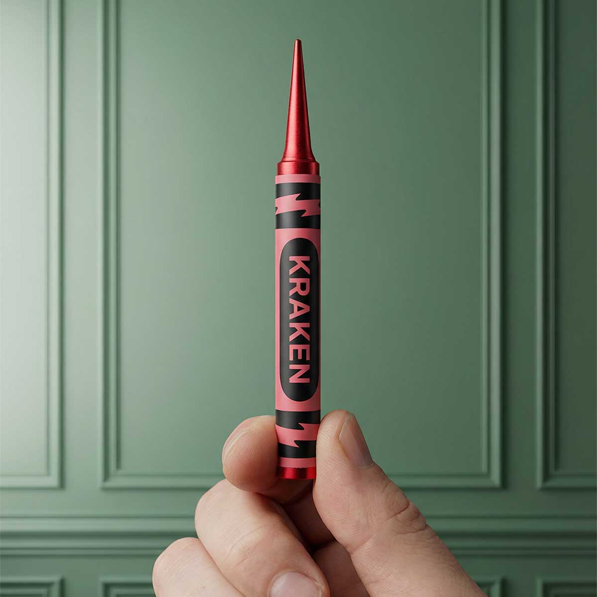 Hand holding a red Kraken Crayon Pitch Tool against a green background