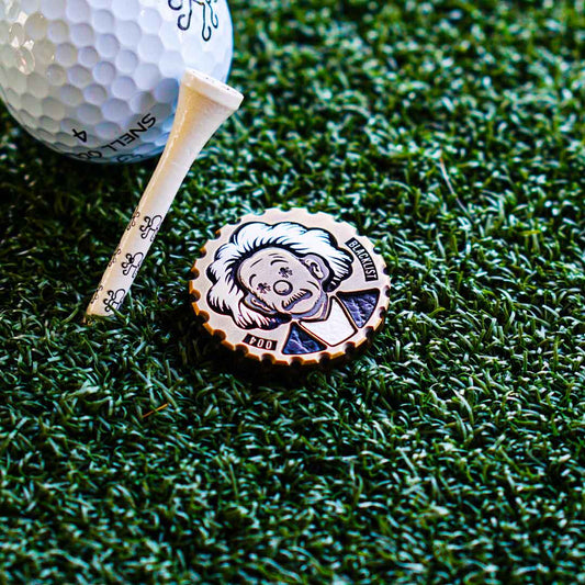 Brass Einstein golf ball marker with aluminum hair and leather inlays - Kraken Golf Relativity Drop