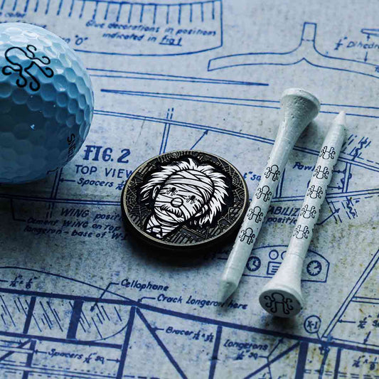 Halloween Einstein mummy golf ball marker in darkened brass with aluminum inlay by Kraken Golf