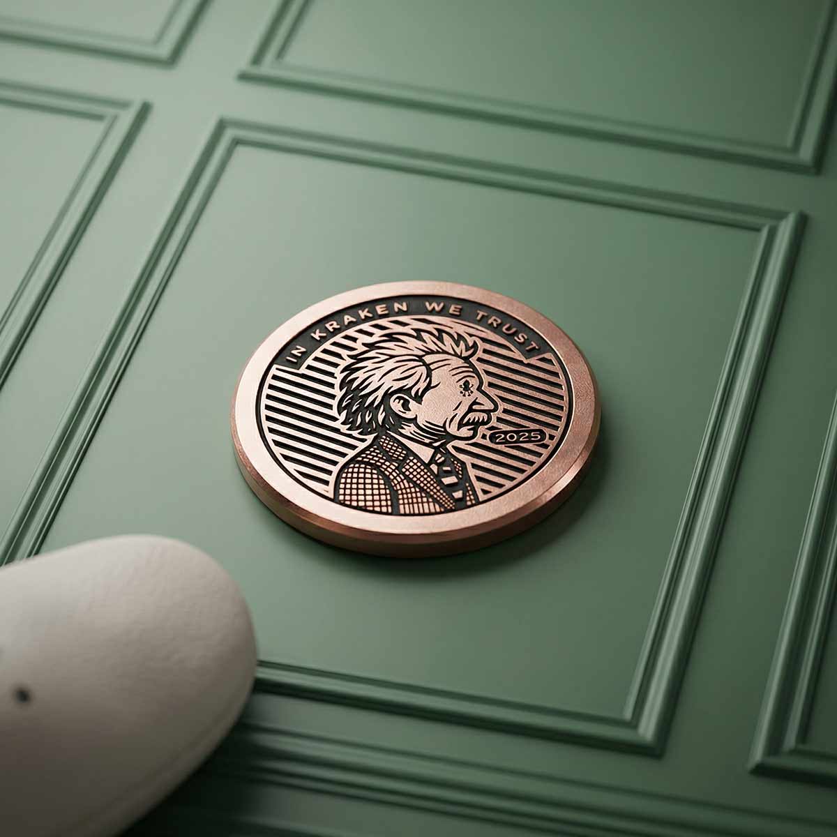 Relativity penny ball marker on green background