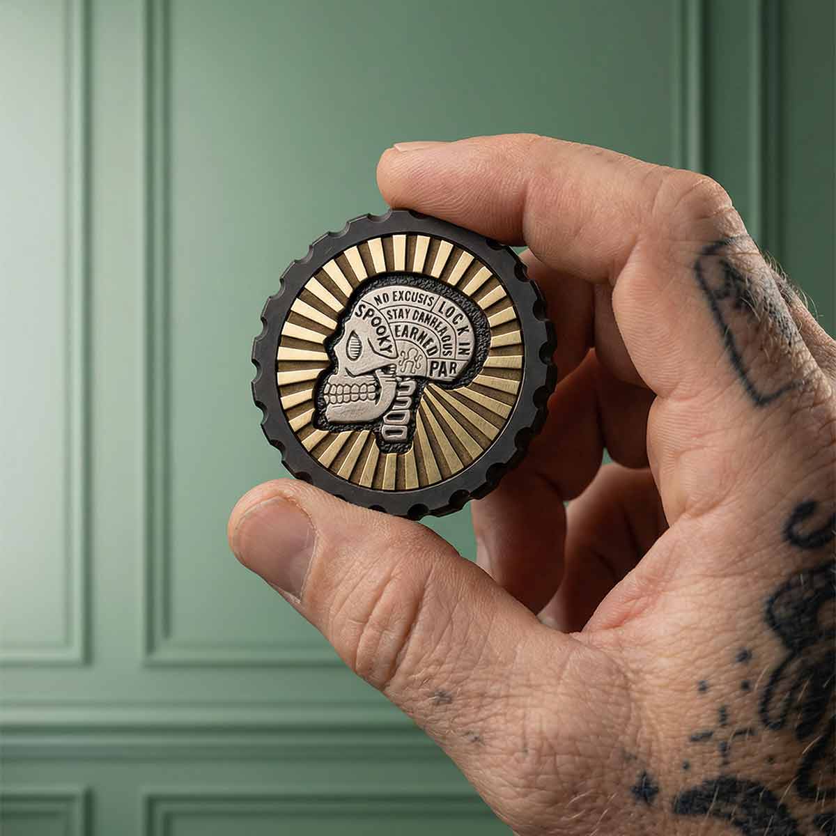 Signal Skull Marker in-hand - scale shot, 1.35-inch diameter