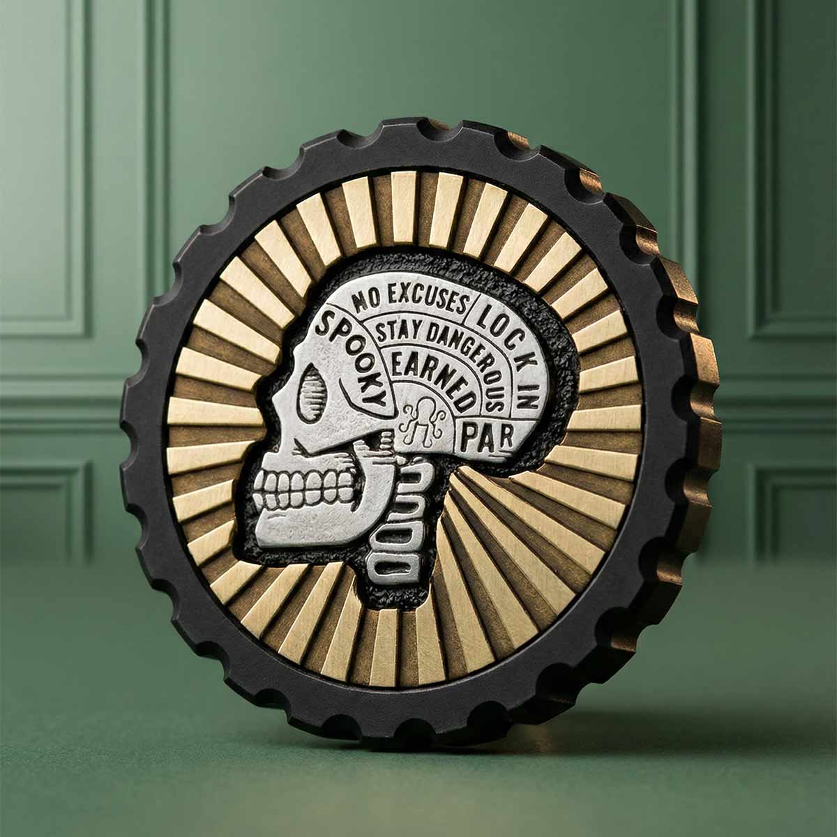 Signal Skull Marker front view - brass sunburst with engraved skull inlay