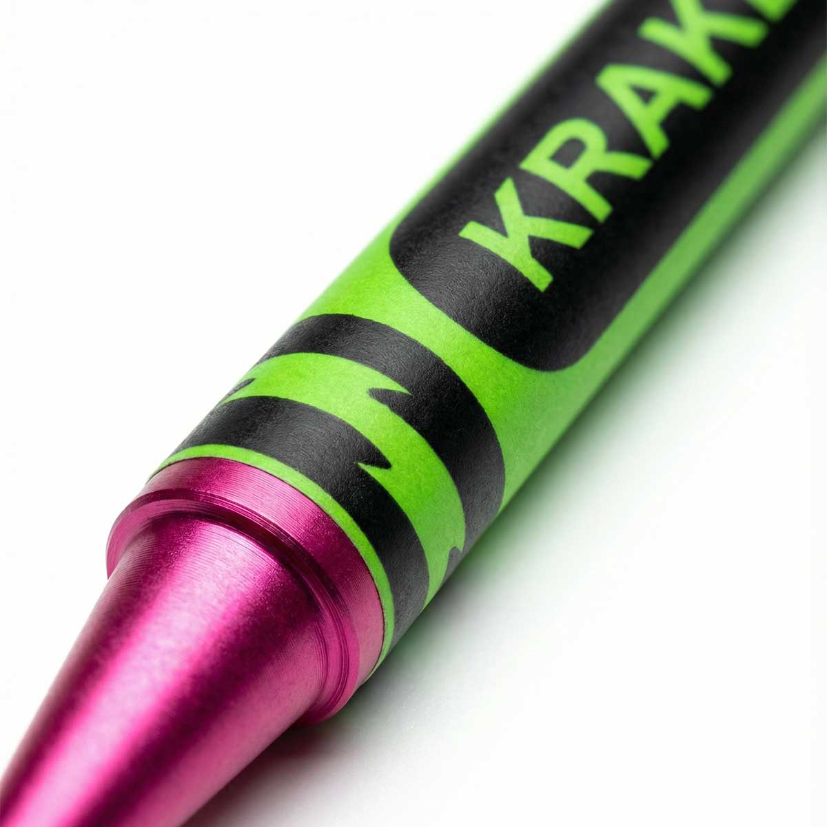 Close-up of a pink crayon pitch tool on a white background