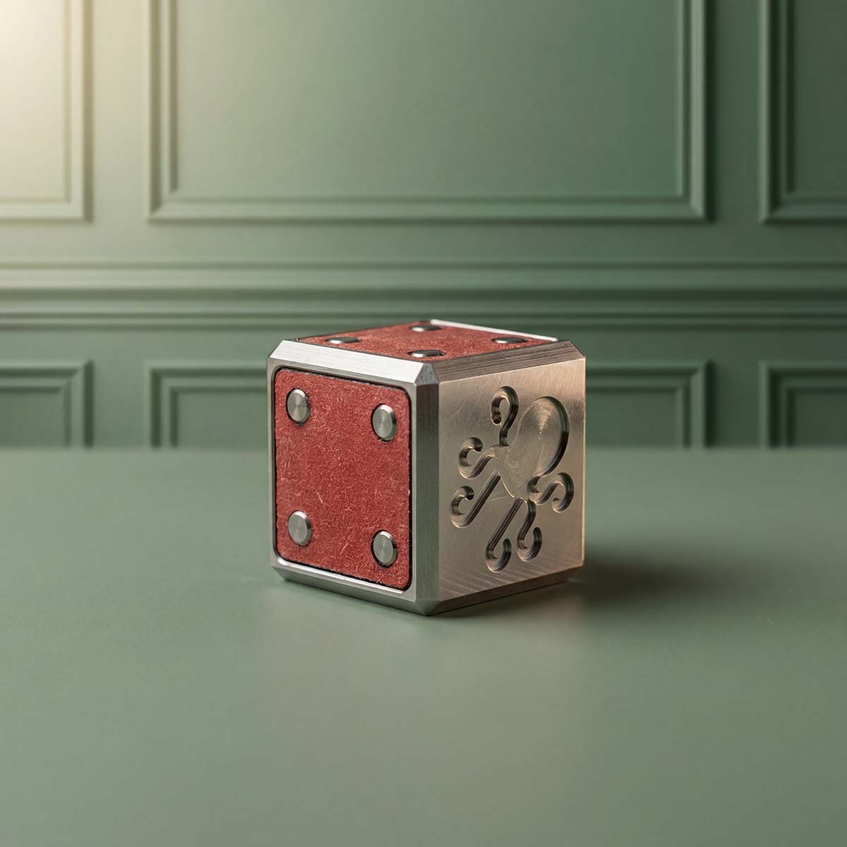 Snake Eyes ball marker resting against sage green paneled wall — handcrafted stainless steel dice marker with pink Italian leather, Blacklist 029 by Kraken Golf
