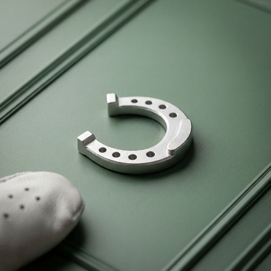 Stainless steel Lucky Horseshoe golf ball marker with engraved horseshoe design by Kraken Golf