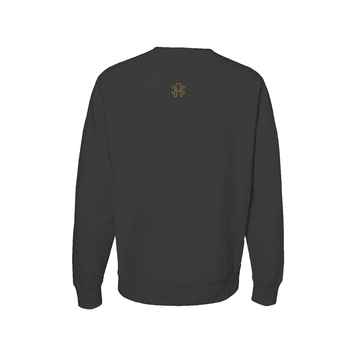 Small brass Kraken logo centered between shoulder blades on black heavyweight crewneck