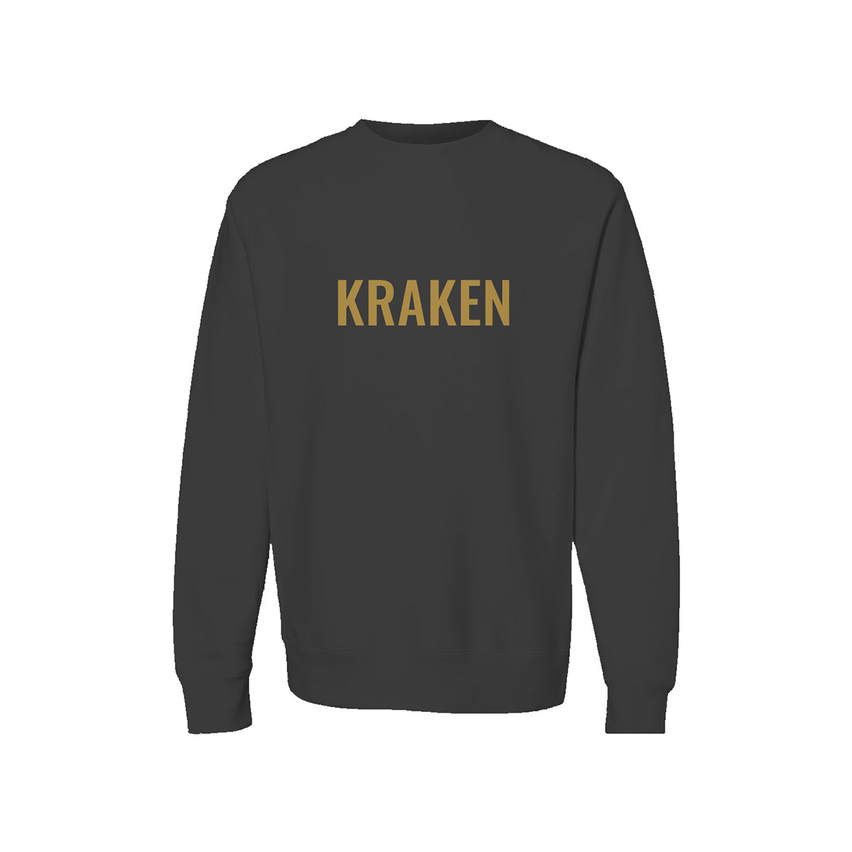 Brass KRAKEN wordmark printed across the chest of a black heavyweight crewneck sweatshirt
